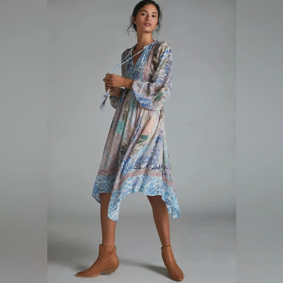 Anthropologie Sky Cressida Balloon Sleeve Midi Dress Tassel Beach Boho Fun Sz XS - Picture 1 of 14